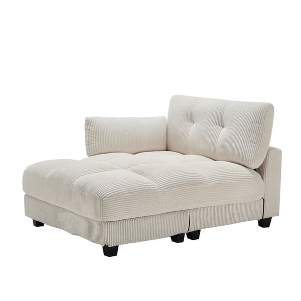 Beige palmesofa med bløde stribede hynder, rullegelændere, nakkestøtte med klap, tre kopholdere og sidelomme