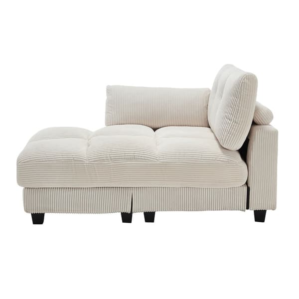 Beige palmesofa med bløde stribede hynder, rullegelændere, nakkestøtte med klap, tre kopholdere og sidelomme