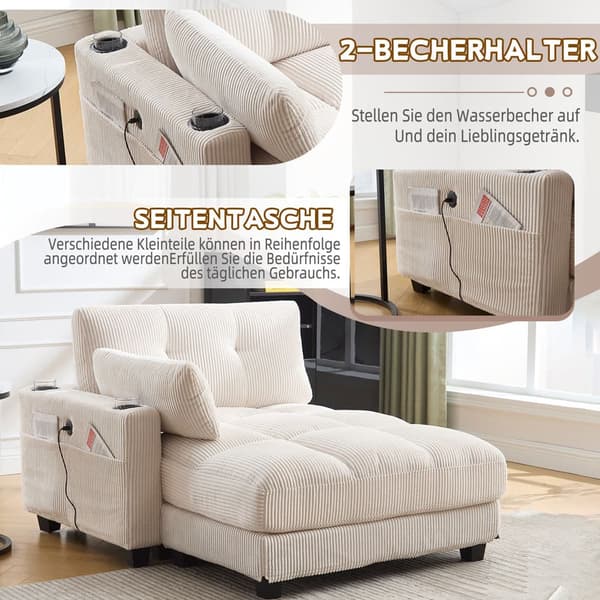 Beige palmesofa med bløde stribede hynder, rullegelændere, nakkestøtte med klap, tre kopholdere og sidelomme