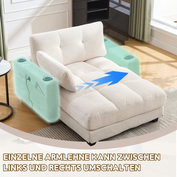 Beige palmesofa med bløde stribede hynder, rullegelændere, nakkestøtte med klap, tre kopholdere og sidelomme