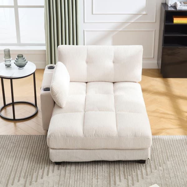 Beige palmesofa med bløde stribede hynder, rullegelændere, nakkestøtte med klap, tre kopholdere og sidelomme
