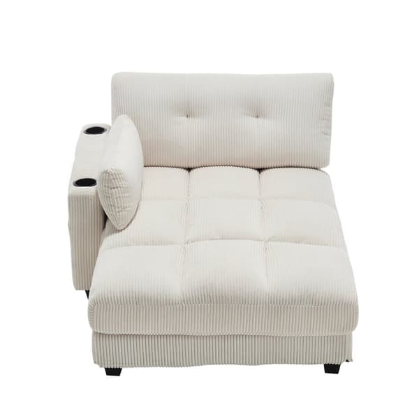 Beige palmesofa med bløde stribede hynder, rullegelændere, nakkestøtte med klap, tre kopholdere og sidelomme
