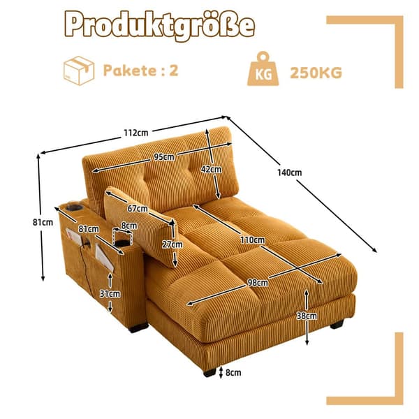 Gul palmesofa med bløde stribede hynder, rullende gelændere, nakkestøtte med klap, tre kopholdere og sidelomme