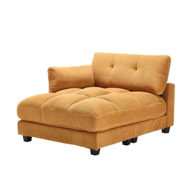 Gul palmesofa med bløde stribede hynder, rullende gelændere, nakkestøtte med klap, tre kopholdere og sidelomme