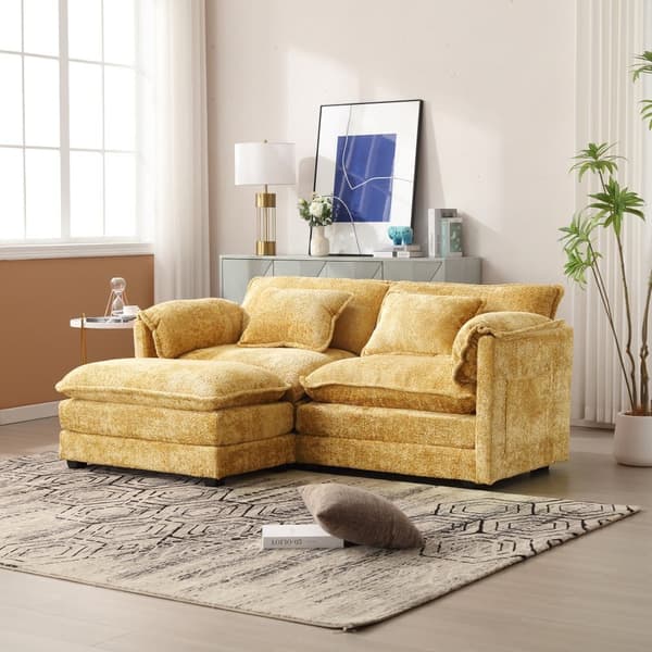 Modern 2-sits soffa i chenilltyg med fotstöd, sidofack och kuddar – bekväm och rymlig för vardagsrum eller sovrum