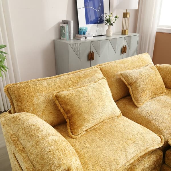Modern 2-sits soffa i chenilltyg med fotstöd, sidofack och kuddar – bekväm och rymlig för vardagsrum eller sovrum