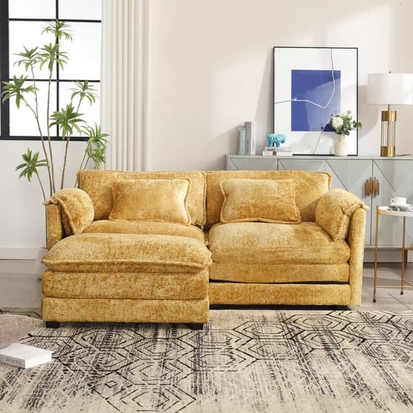 Modern 2-sits soffa i chenilltyg med fotstöd, sidofack och kuddar – bekväm och rymlig för vardagsrum eller sovrum