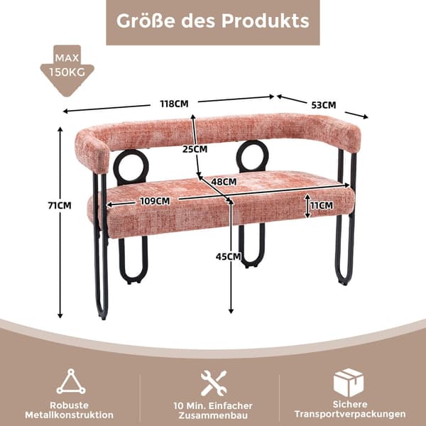 Dobbeltsædesofa i lyserød chenille – moderne sofa med afrundet ryg, unikt design til stue, soveværelse, kontor og gang