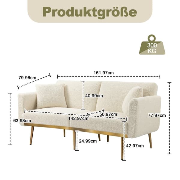Moderne dobbeltsædesofa med hynder – Velour sofa med justerbar ryg, komfortabel sovesofa med polstring og metalben, hvid