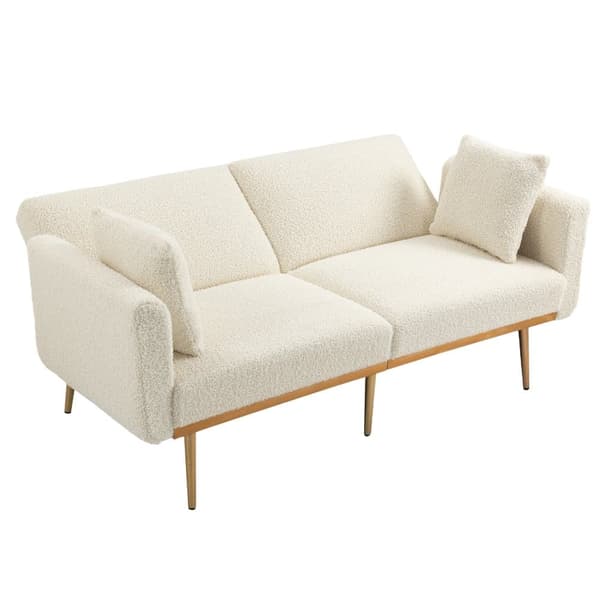 Moderne dobbeltsædesofa med hynder – Velour sofa med justerbar ryg, komfortabel sovesofa med polstring og metalben, hvid