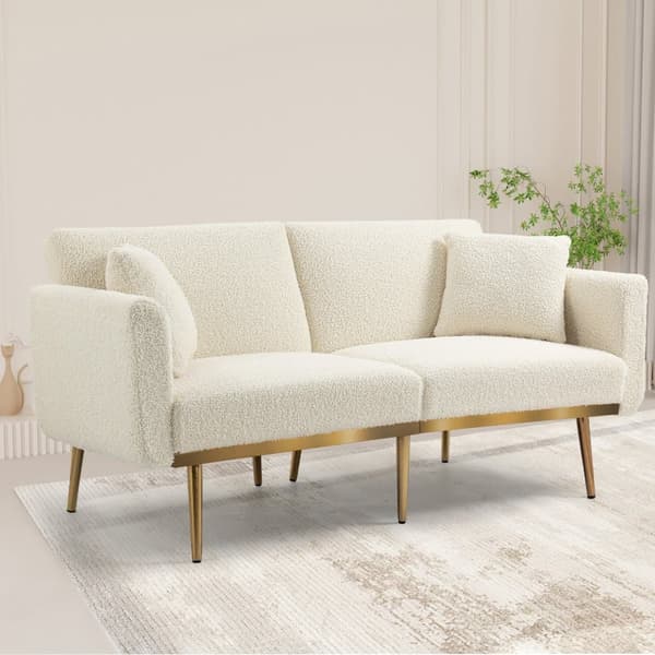 Moderne dobbeltsædesofa med hynder – Velour sofa med justerbar ryg, komfortabel sovesofa med polstring og metalben, hvid