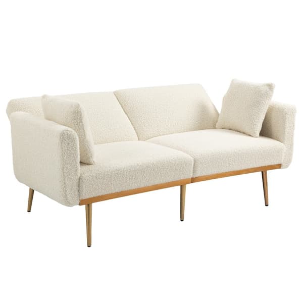 Moderne dobbeltsædesofa med hynder – Velour sofa med justerbar ryg, komfortabel sovesofa med polstring og metalben, hvid