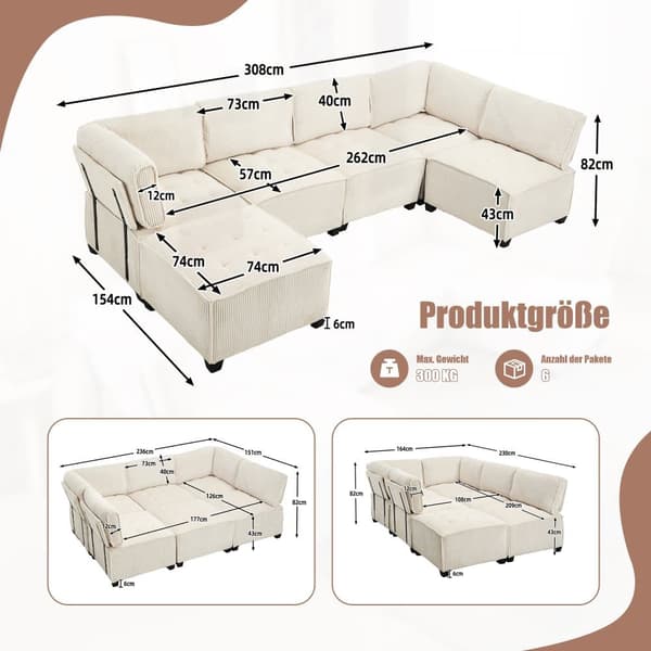 Modulaarinen sohva 6-istuttava – 308 cm pitkä U- tai L-muotoinen sohva beigeä vakosamettikangasta, joustava ja ergonominen, säilytystaskut