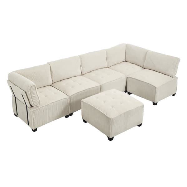 Modulaarinen sohva 6-istuttava – 308 cm pitkä U- tai L-muotoinen sohva beigeä vakosamettikangasta, joustava ja ergonominen, säilytystaskut