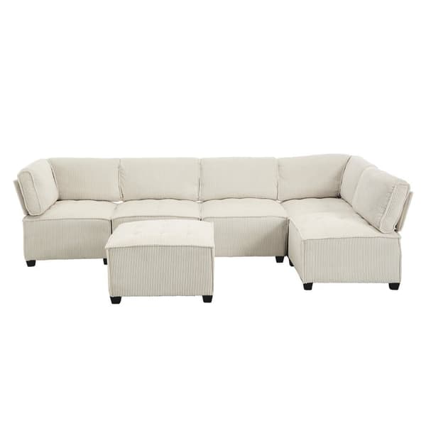 Modulaarinen sohva 6-istuttava – 308 cm pitkä U- tai L-muotoinen sohva beigeä vakosamettikangasta, joustava ja ergonominen, säilytystaskut