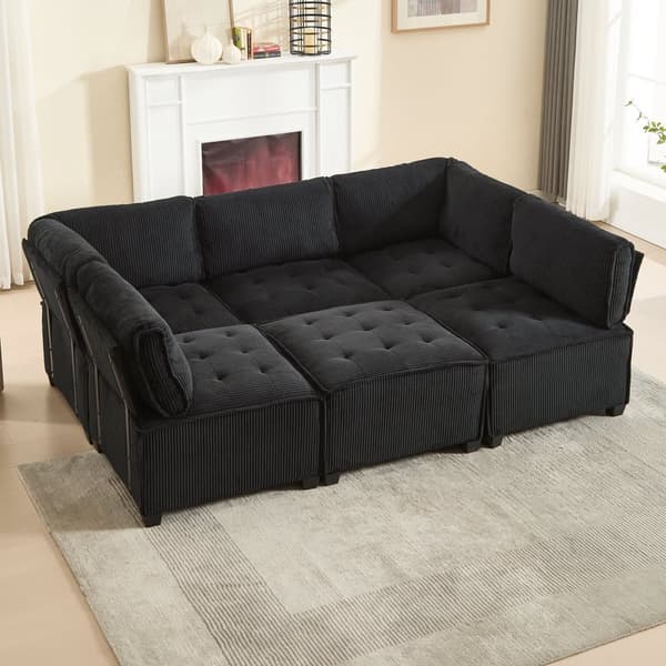 Modulsofa 6-personers – 308 cm lang U- eller L-formet sofa i sort fløjlsstof, fleksibel og ergonomisk med opbevaringslommer, træ- og metalstel