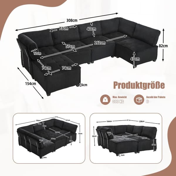 Modulsofa 6-personers – 308 cm lang U- eller L-formet sofa i sort fløjlsstof, fleksibel og ergonomisk med opbevaringslommer, træ- og metalstel