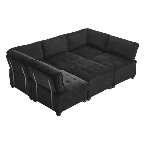 Modulsofa 6-personers – 308 cm lang U- eller L-formet sofa i sort fløjlsstof, fleksibel og ergonomisk med opbevaringslommer, træ- og metalstel