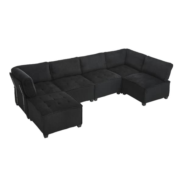Modulsofa 6-personers – 308 cm lang U- eller L-formet sofa i sort fløjlsstof, fleksibel og ergonomisk med opbevaringslommer, træ- og metalstel
