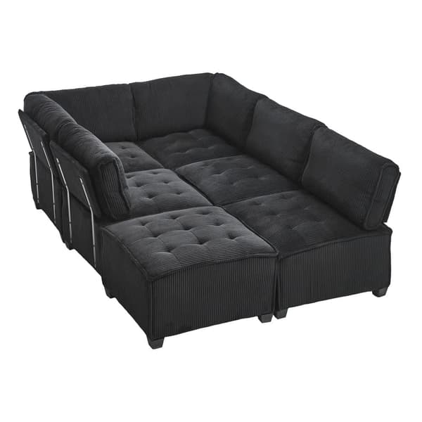 Modulsofa 6-personers – 308 cm lang U- eller L-formet sofa i sort fløjlsstof, fleksibel og ergonomisk med opbevaringslommer, træ- og metalstel