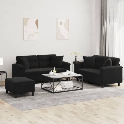 Soffgrupp med kuddar 3 delar svart mikrofibertyg