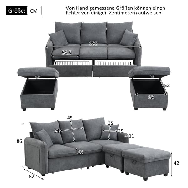 U-muotoinen modulaarinen sohva säilytystilalla – 3-istuttava kulmasohva schubladerilla ja säilytysjakkaralla, vuodesohva chenillekangasta