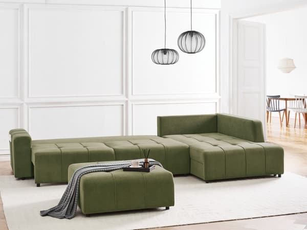 4-seters hjørnesofa med fotskammel Grønn Polyesterstoff Venstrevendt Skjult oppbevaringsrom Sovefunksjon Moderne stil Stue Sovesofa