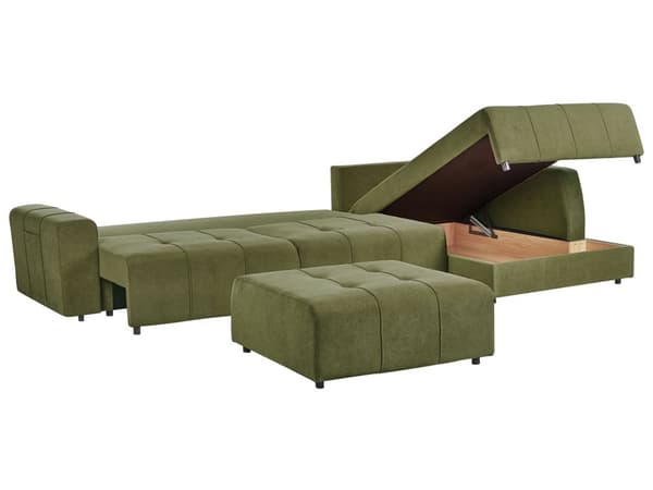 4-seters hjørnesofa med fotskammel Grønn Polyesterstoff Venstrevendt Skjult oppbevaringsrom Sovefunksjon Moderne stil Stue Sovesofa