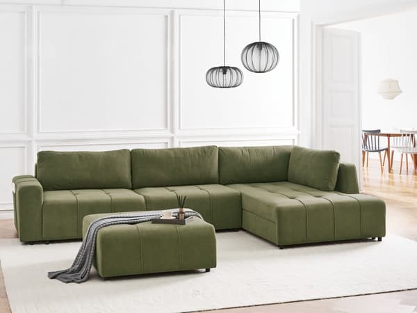 4-seters hjørnesofa med fotskammel Grønn Polyesterstoff Venstrevendt Skjult oppbevaringsrom Sovefunksjon Moderne stil Stue Sovesofa