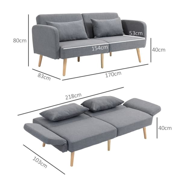 Tresæders Sofa med Sovefunktion, 170x83x80 cm, Grå