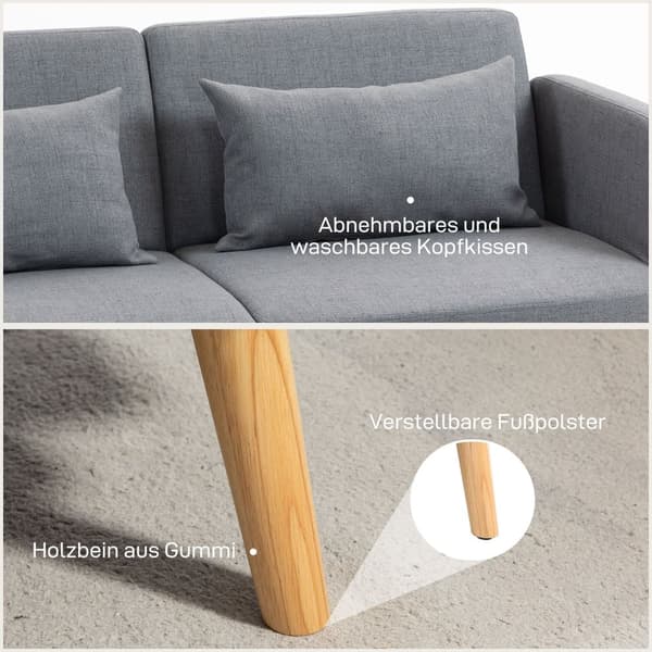 Tresæders Sofa med Sovefunktion, 170x83x80 cm, Grå