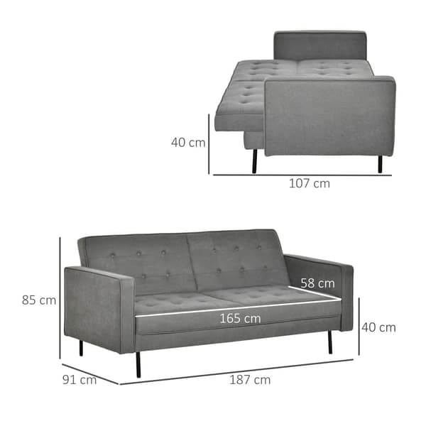 Bäddsoffa, 3-sits, 187x91x85 cm, Grå