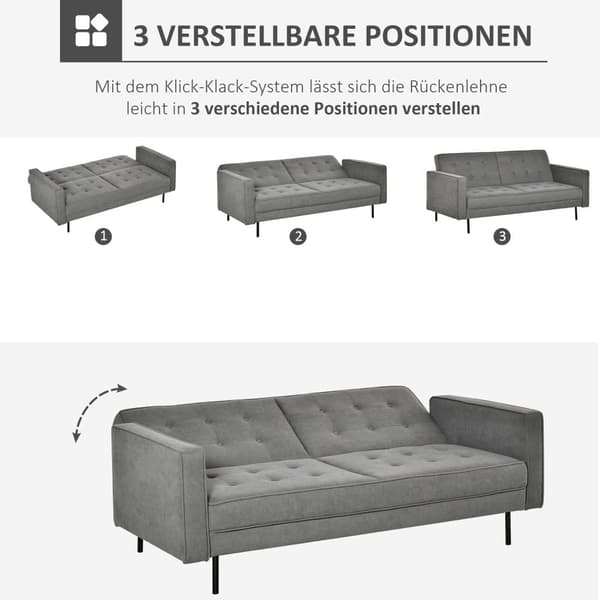 Bäddsoffa, 3-sits, 187x91x85 cm, Grå