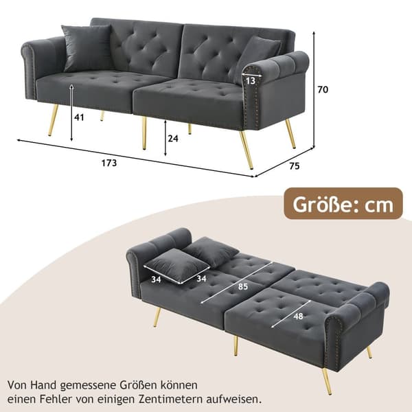 Moderne 2-personers fløjl sovesofa – justerbart ryglæn i 3 trin, guldfarvede metalben
