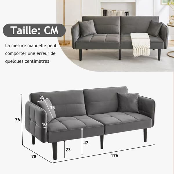 2-i-1 justerbar bäddsoffa – 2-sits i sammet med fällbara armstöd & sovfunktion – kompakt soffa för små utrymmen