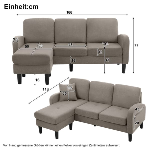 L-formad hörnsoffa med schäslong – 3-sits modulsoffa i bomull/linne – 166 x 118 x 77 cm – andningsbart tyg och plastben