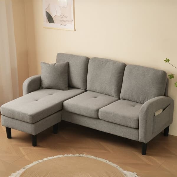 L-formad hörnsoffa med schäslong – 3-sits modulsoffa i bomull/linne – 166 x 118 x 77 cm – andningsbart tyg och plastben