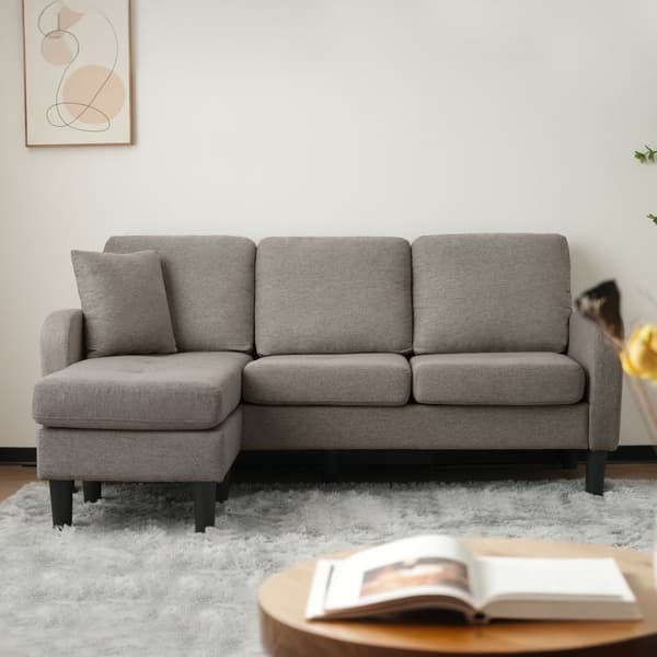 L-formad hörnsoffa med schäslong – 3-sits modulsoffa i bomull/linne – 166 x 118 x 77 cm – andningsbart tyg och plastben