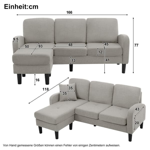 L-formad hörnsoffa med schäslong – 3-sits modulsoffa i andningsbart bomull/linne – 166 x 118 x 77 cm – plastben