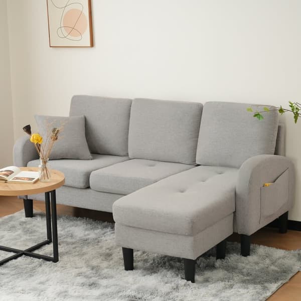 L-formad hörnsoffa med schäslong – 3-sits modulsoffa i andningsbart bomull/linne – 166 x 118 x 77 cm – plastben