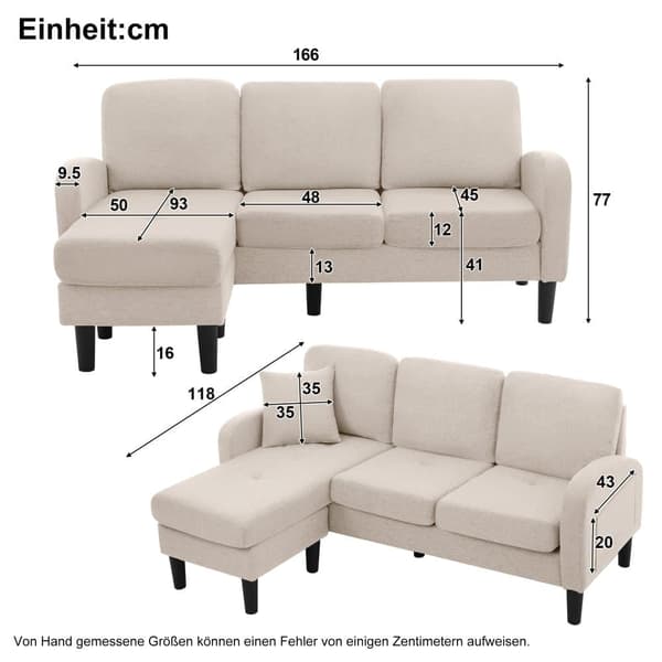 L-formad hörnsoffa med schäslong – 3-sits soffa i andningsbart bomull/linne – 166 x 118 x 77 cm – moduldesign med plastben