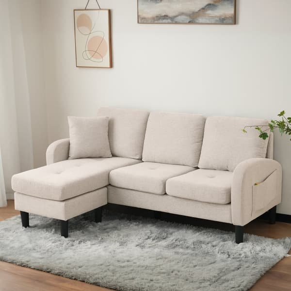 L-formad hörnsoffa med schäslong – 3-sits soffa i andningsbart bomull/linne – 166 x 118 x 77 cm – moduldesign med plastben
