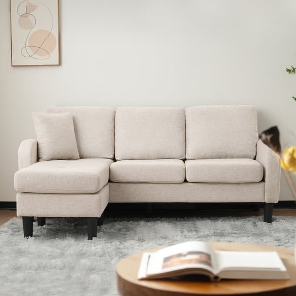 L-formad hörnsoffa med schäslong – 3-sits soffa i andningsbart bomull/linne – 166 x 118 x 77 cm – moduldesign med plastben