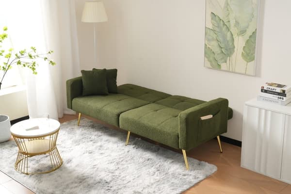 Bäddsoffa med justerbart ryggstöd – med guldfärgade ben, kuddar och sidofickor – soffa med sängfunktion och förvaring