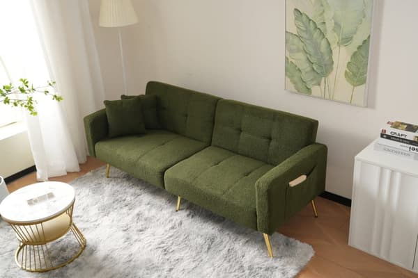 Bäddsoffa med justerbart ryggstöd – med guldfärgade ben, kuddar och sidofickor – soffa med sängfunktion och förvaring