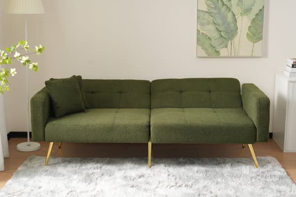 Bäddsoffa med justerbart ryggstöd – med guldfärgade ben, kuddar och sidofickor – soffa med sängfunktion och förvaring