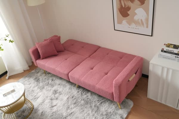 Sovesofa med justerbart ryglæn – med guldfarvede ben, hynder og sidelommer – sofa med sengefunktion og opbevaring