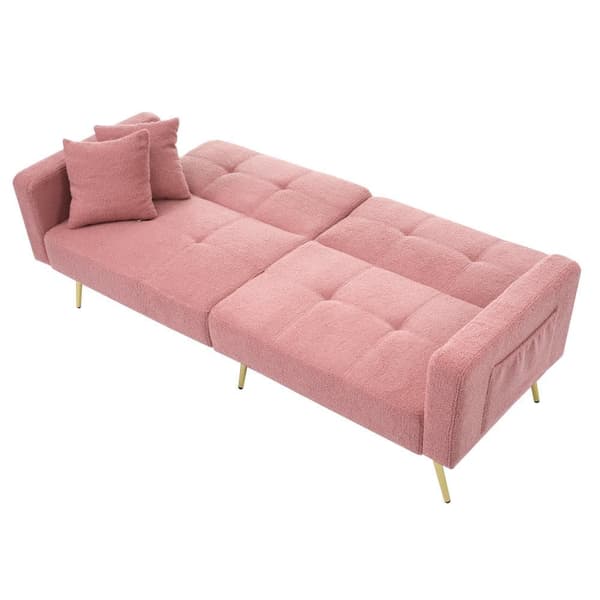 Sovesofa med justerbart ryglæn – med guldfarvede ben, hynder og sidelommer – sofa med sengefunktion og opbevaring