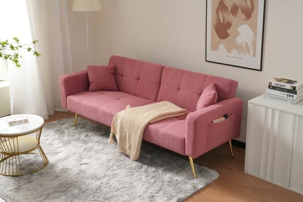 Sovesofa med justerbart ryglæn – med guldfarvede ben, hynder og sidelommer – sofa med sengefunktion og opbevaring