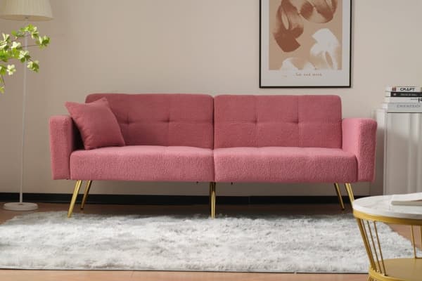 Sovesofa med justerbart ryglæn – med guldfarvede ben, hynder og sidelommer – sofa med sengefunktion og opbevaring